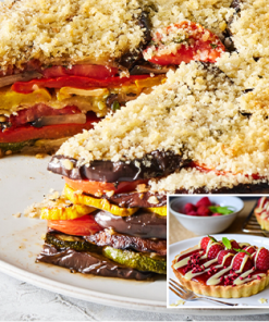 Roast Veg Gateau | White Choc Raspberry Tart