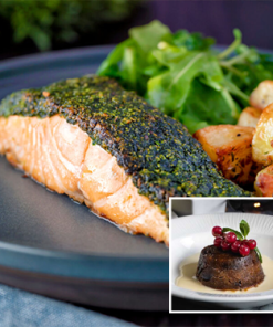 Herb Crusted Salmon and Xmas Pudding