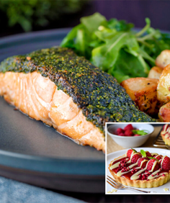 Herb Crusted Salmon | White Choc Raspberry Tart
